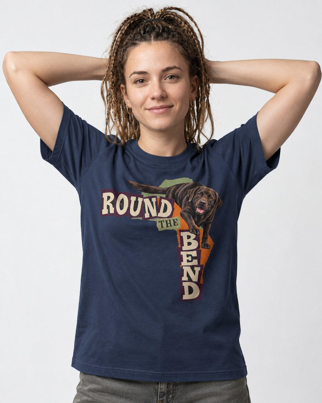 Labrador Retriever Round the Bend Collage Graphic T-Shirt in Navy, worn by a model
