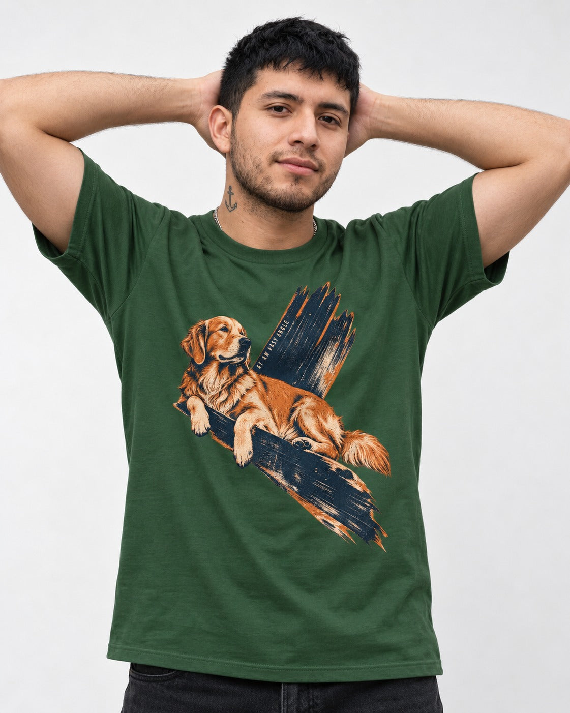 Golden Retriever At an Easy Angle Brushstroke Lounge Graphic T-Shirt in Forest Green, worn by a model