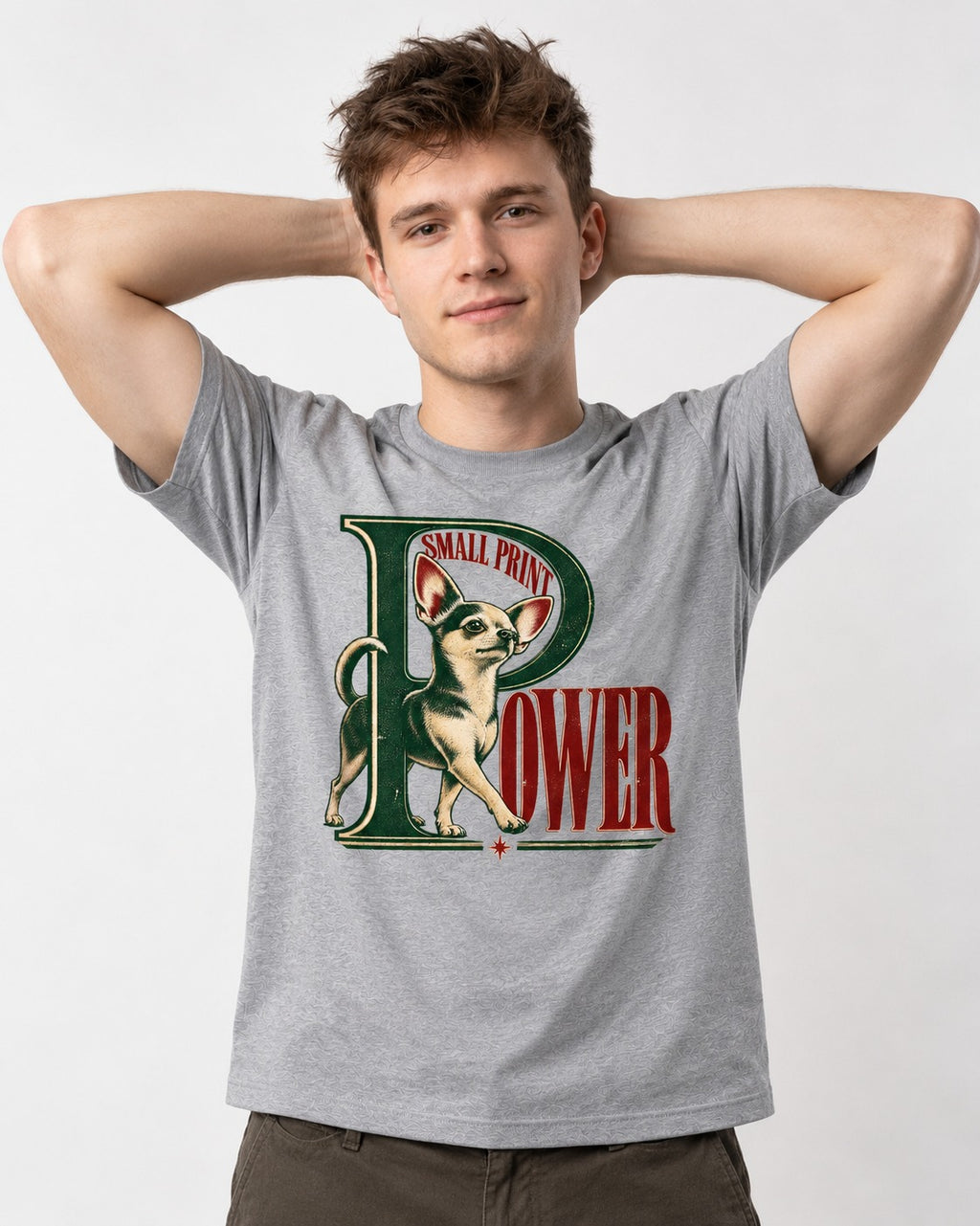 Chihuahua Small Print Power Monogram Graphic T-Shirt in Sport Grey, worn by a model