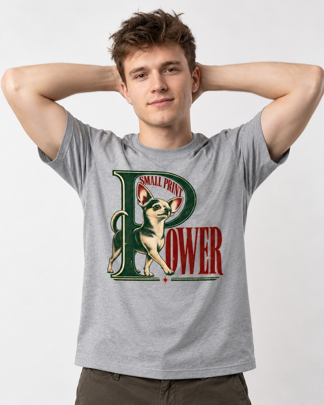 Chihuahua Small Print Power Monogram Graphic T-Shirt in Sport Grey, worn by a model