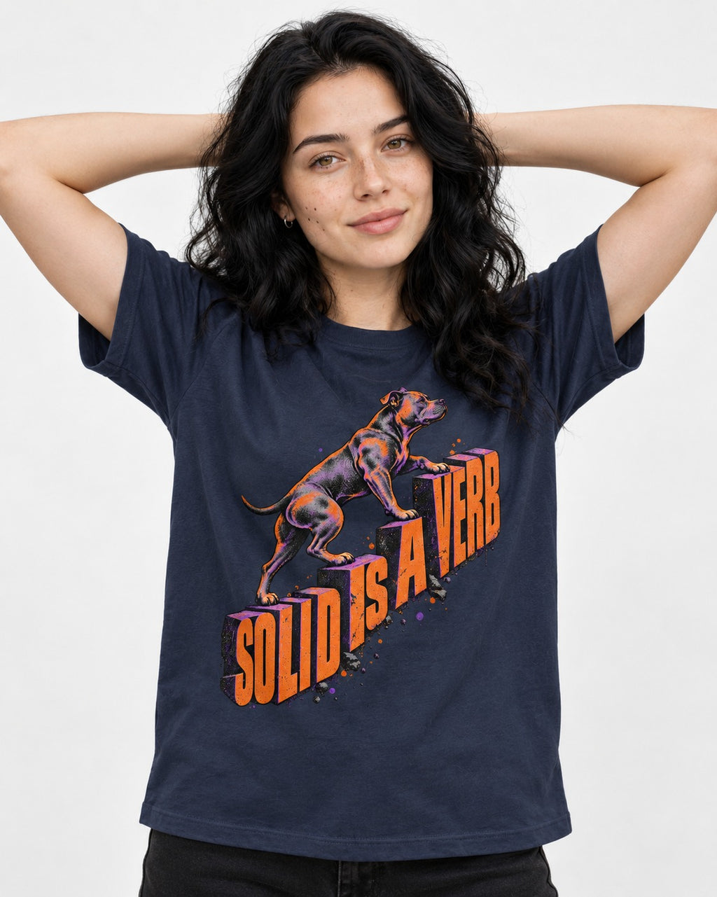 Pitbull Solid Is a Verb Step Type Graphic T-Shirt in Navy, worn by a model
