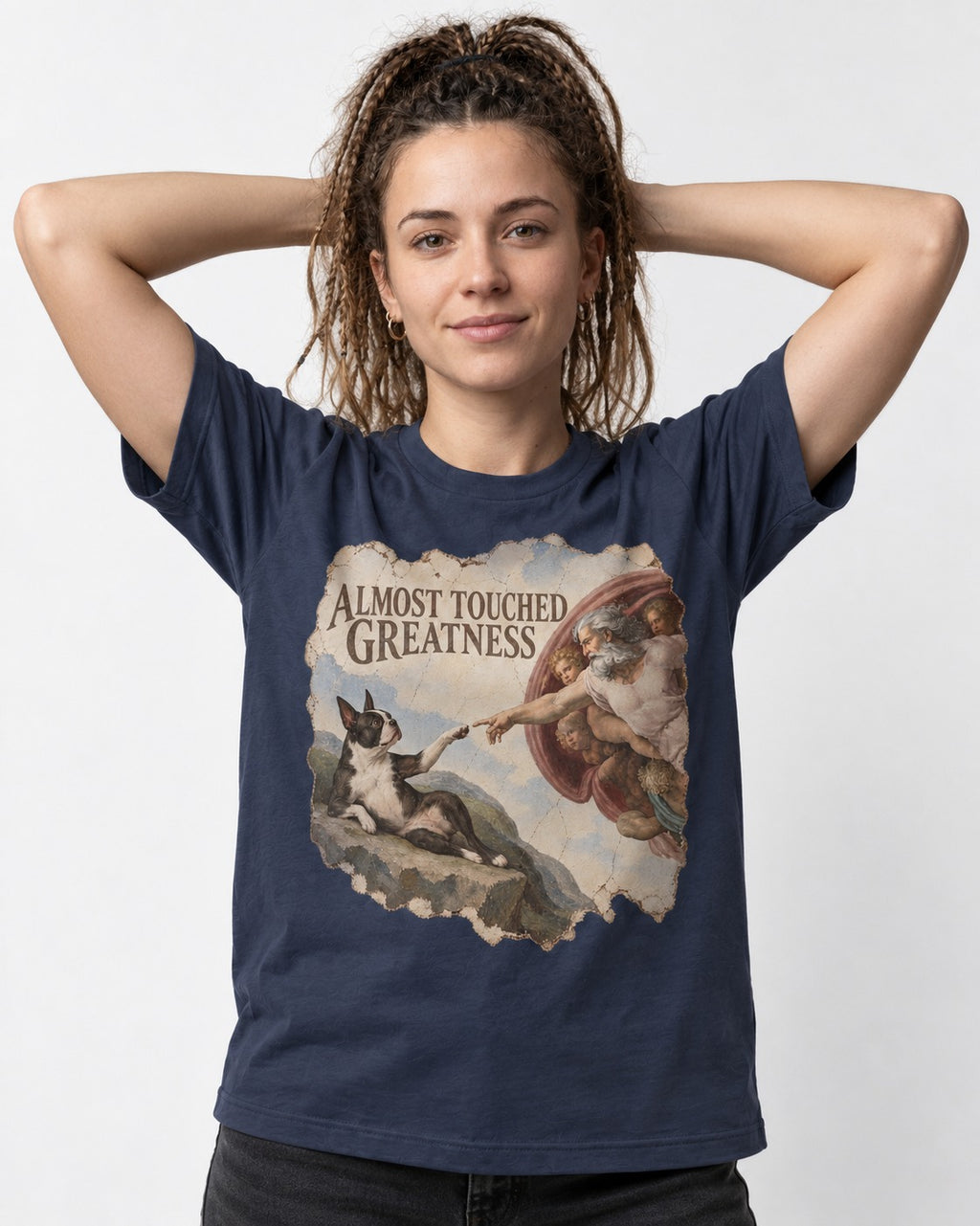 Almost Touched Greatness Boston Terrier Renaissance Parody T-Shirt in Navy, worn by a model