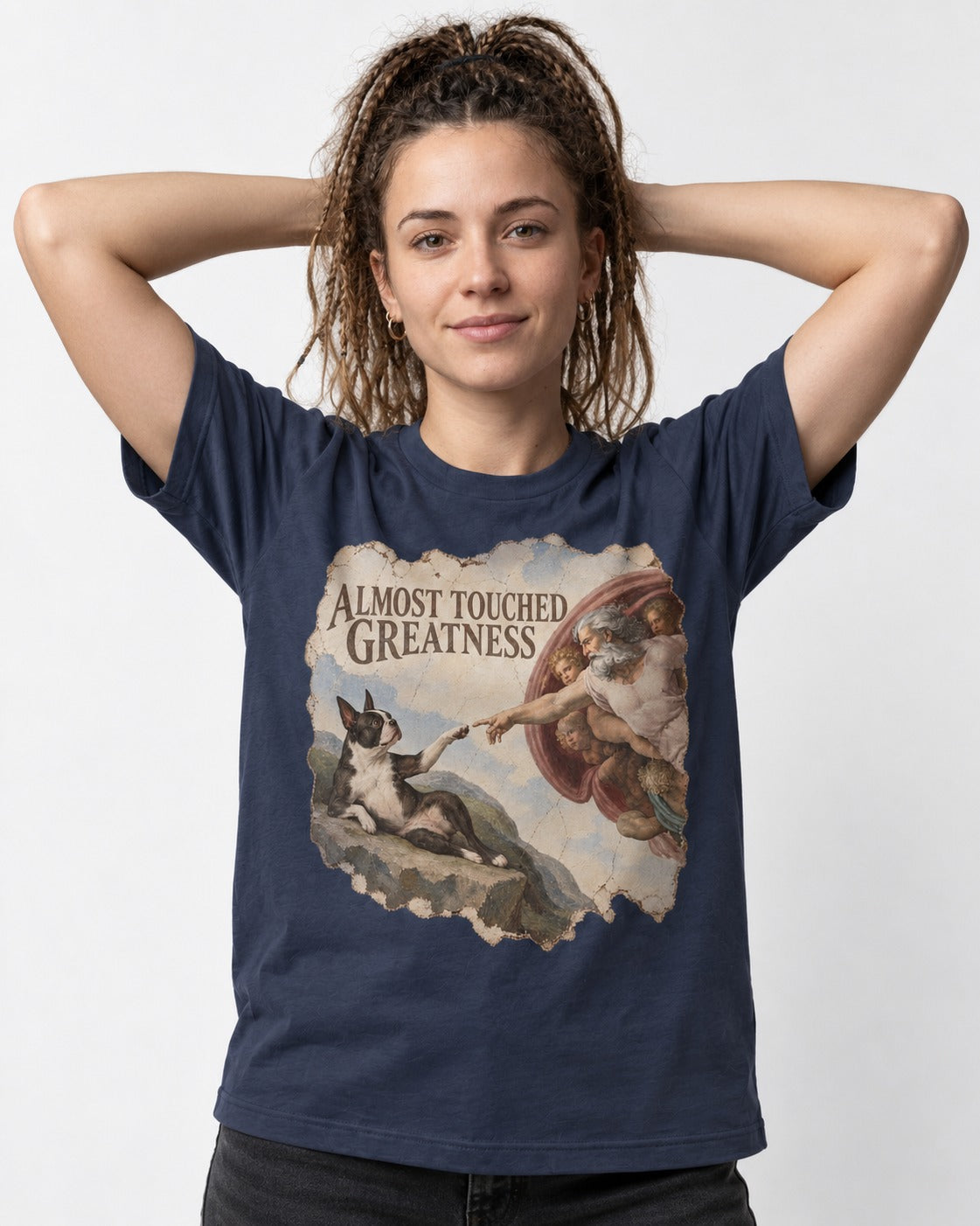 Almost Touched Greatness Boston Terrier Renaissance Parody T-Shirt in Navy, worn by a model
