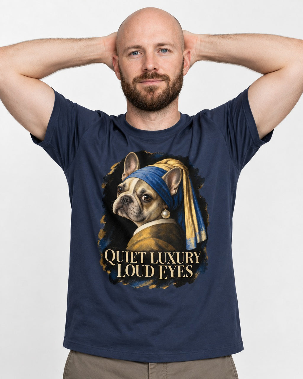 Frenchie Quiet Luxury Loud Eyes Pearl Portrait Graphic T-Shirt in Navy, worn by a model