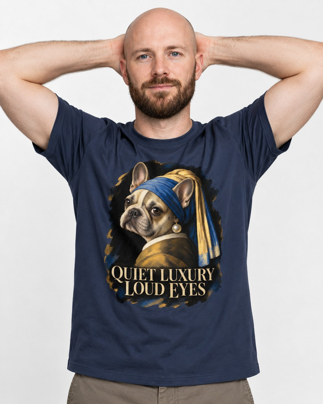 Frenchie Quiet Luxury Loud Eyes Pearl Portrait Graphic T-Shirt in Navy, worn by a model