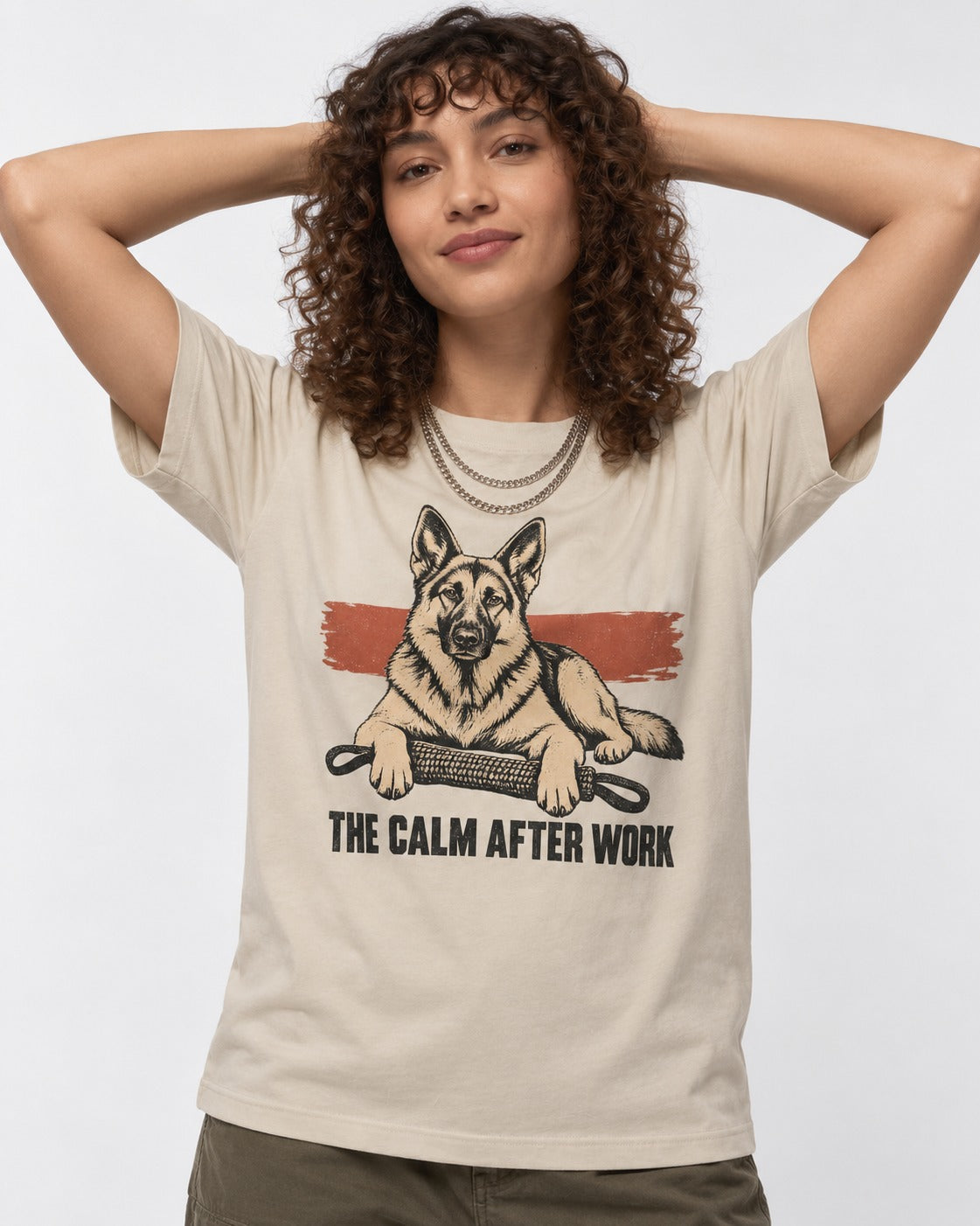 German Shepherd Dog The Calm After Work T-Shirt in Sand, worn by a model