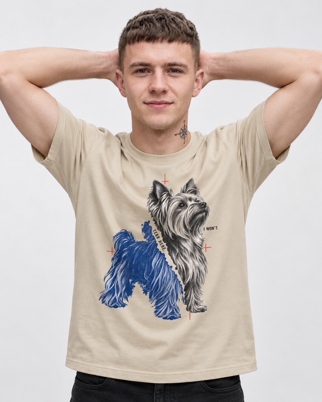 Yorkshire Terrier I Won't Tear Here T-Shirt in Sand, worn by a model