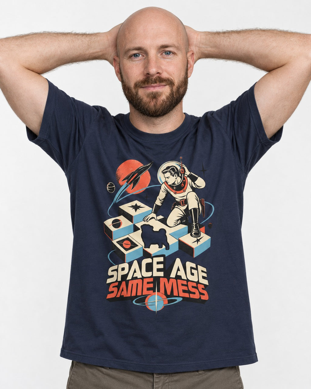 Pug Space Age Same Mess Astronaut Graphic T-Shirt in Navy, worn by a model