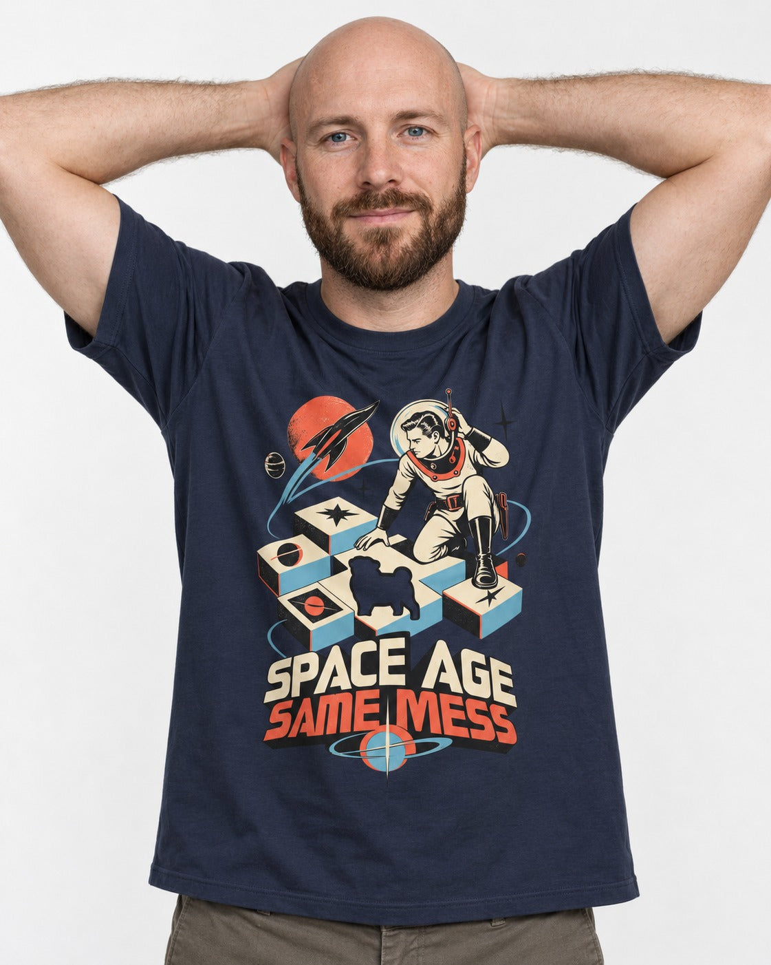 Pug Space Age Same Mess Astronaut Graphic T-Shirt in Navy, worn by a model