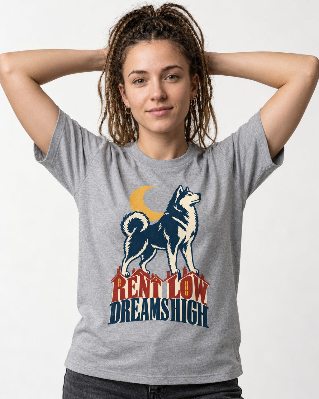 Husky Dreams High T-Shirt in Sport Grey, worn by a model