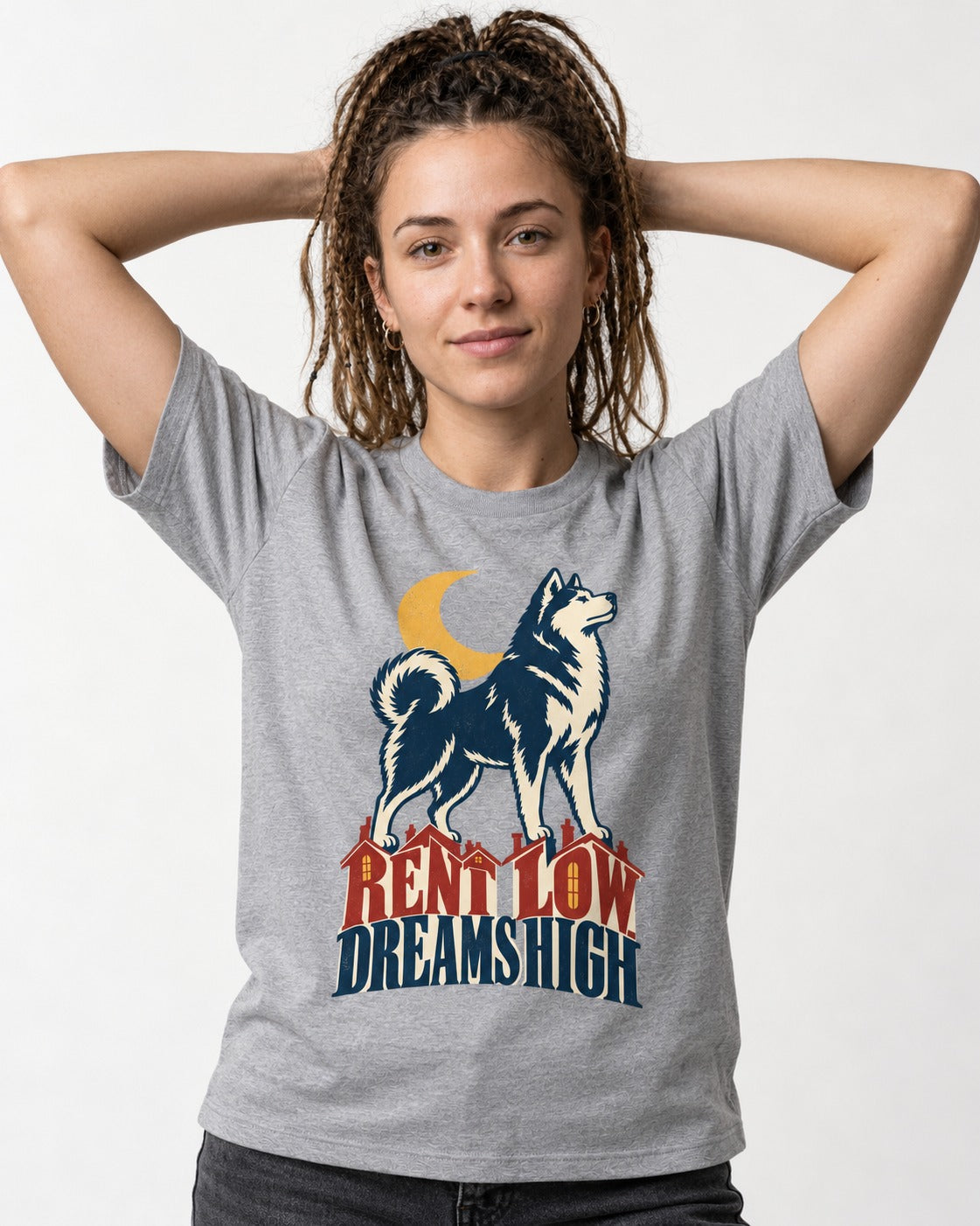 Husky Dreams High T-Shirt in Sport Grey, worn by a model