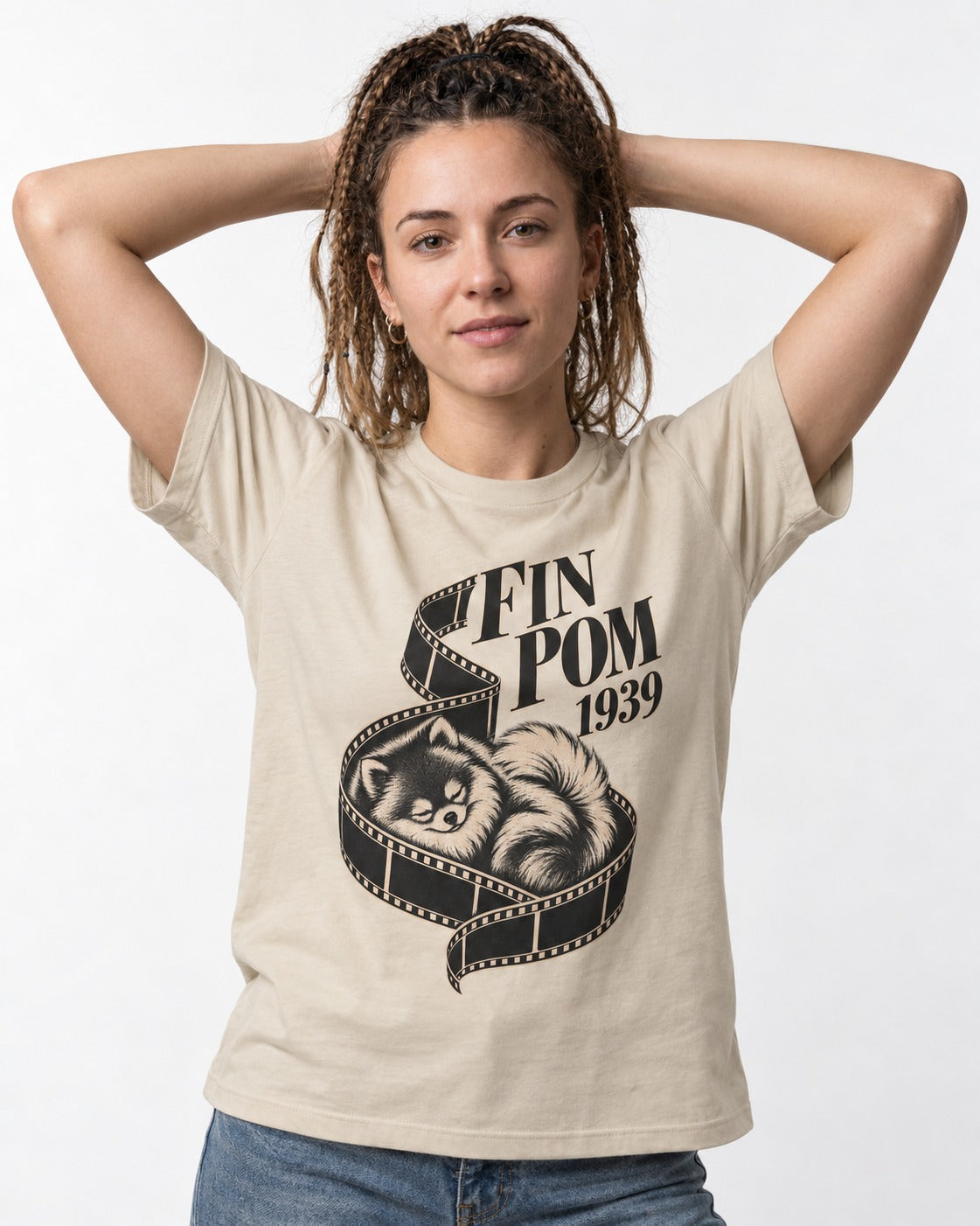 Fin Pomeranian T-Shirt in Sand, worn by a model