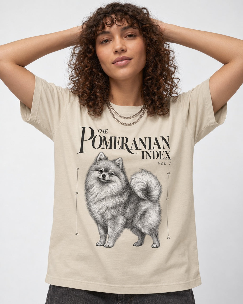 The Pomeranian Index T-Shirt in Sand, worn by a model