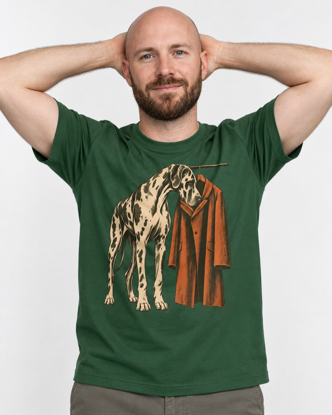 Great Dane Harlequin Coat Rack Overcoat Graphic T-Shirt in Forest Green, worn by a model