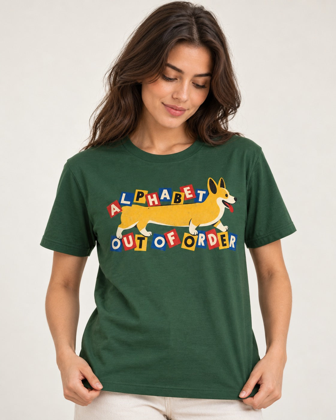 Corgi Alphabet Out of Order Graphic T-Shirt in Forest Green, worn by a model