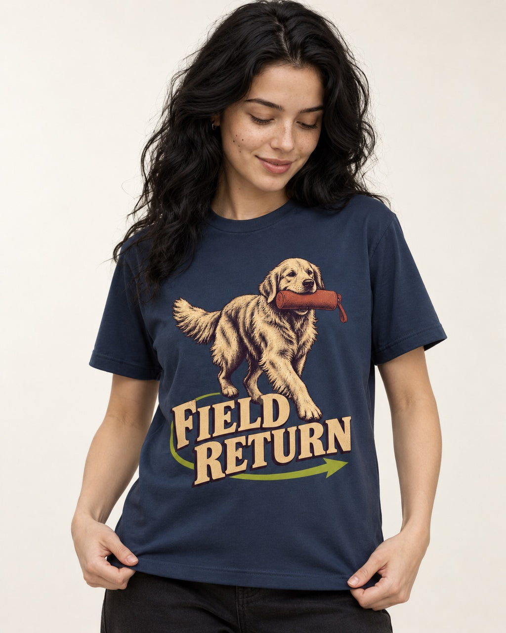 Golden Retriever Field Return Training Dummy Graphic T-Shirt in Navy, worn by a model