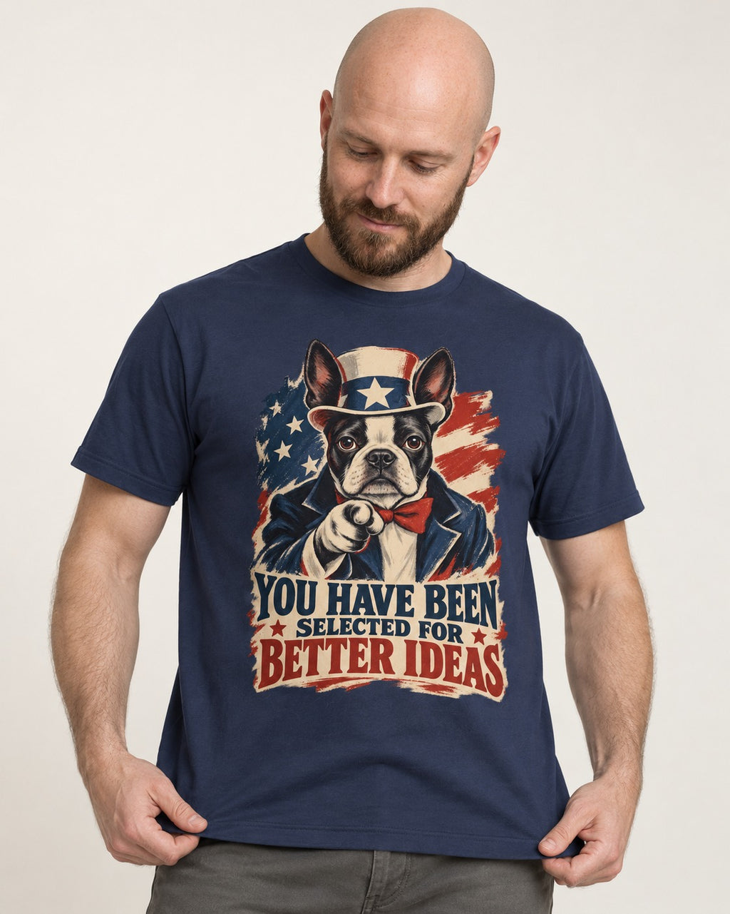 You Have Been Selected for Better Ideas Boston Terrier T-Shirt in Navy, worn by a model
