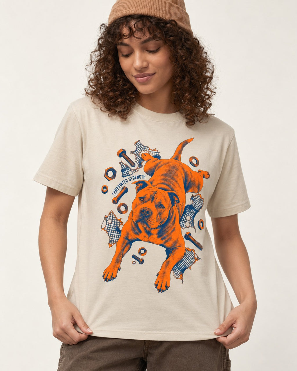 Pitbull Strength T-Shirt in Sand, worn by a model
