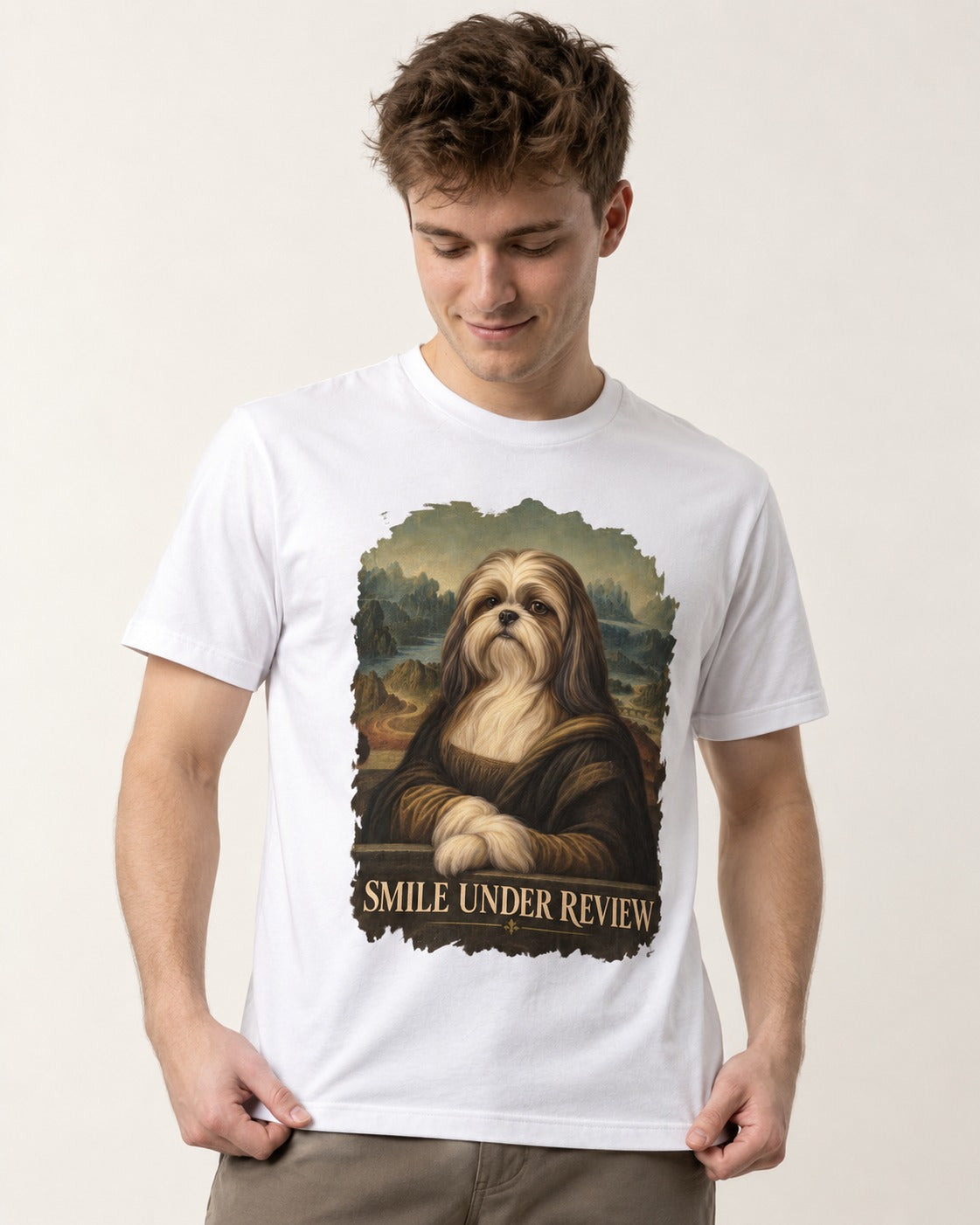 Shih Tzu Smile Under Review Old Master Portrait Graphic T-Shirt in White, worn by a model
