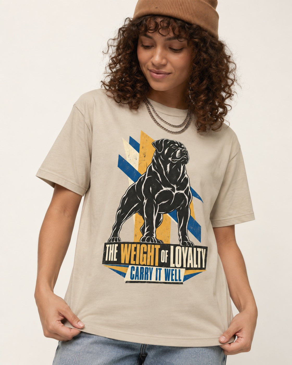 Rottweiler Weight of Loyalty T-Shirt in Sand, worn by a model