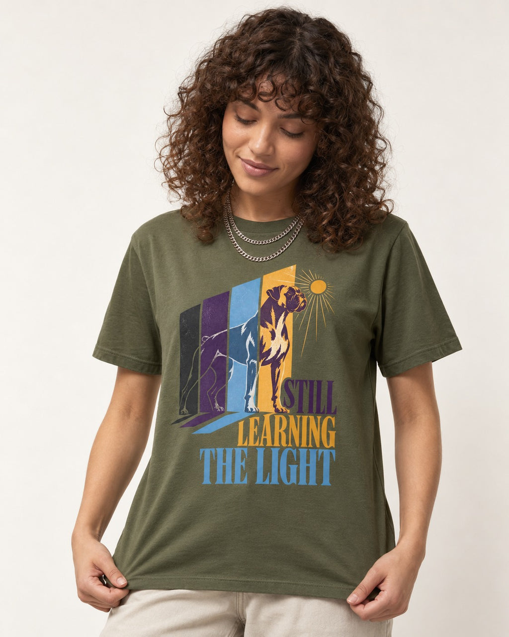 Still Learning the Light Boxer Doorway Progression Graphic T-Shirt in Heather Military Green, worn by a model