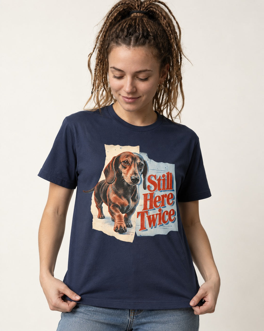 Dachshund Still Here Twice Torn Paper Graphic T-Shirt in Navy, worn by a model