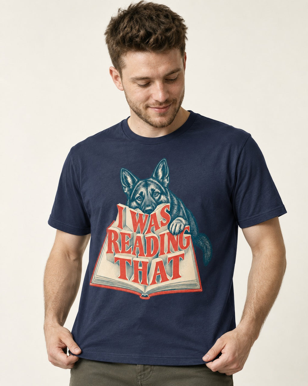 German Shepherd Dog I Was Reading That Open Book Graphic T-Shirt in Navy, worn by a model