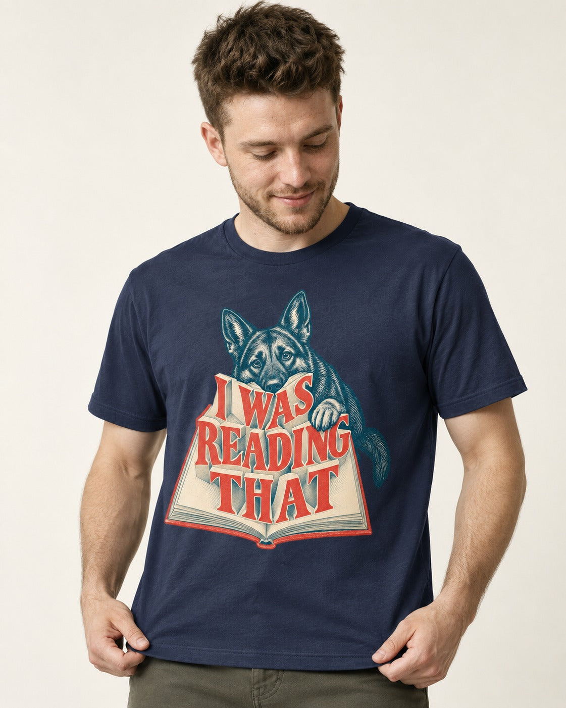 German Shepherd Dog I Was Reading That Open Book Graphic T-Shirt in Navy, worn by a model