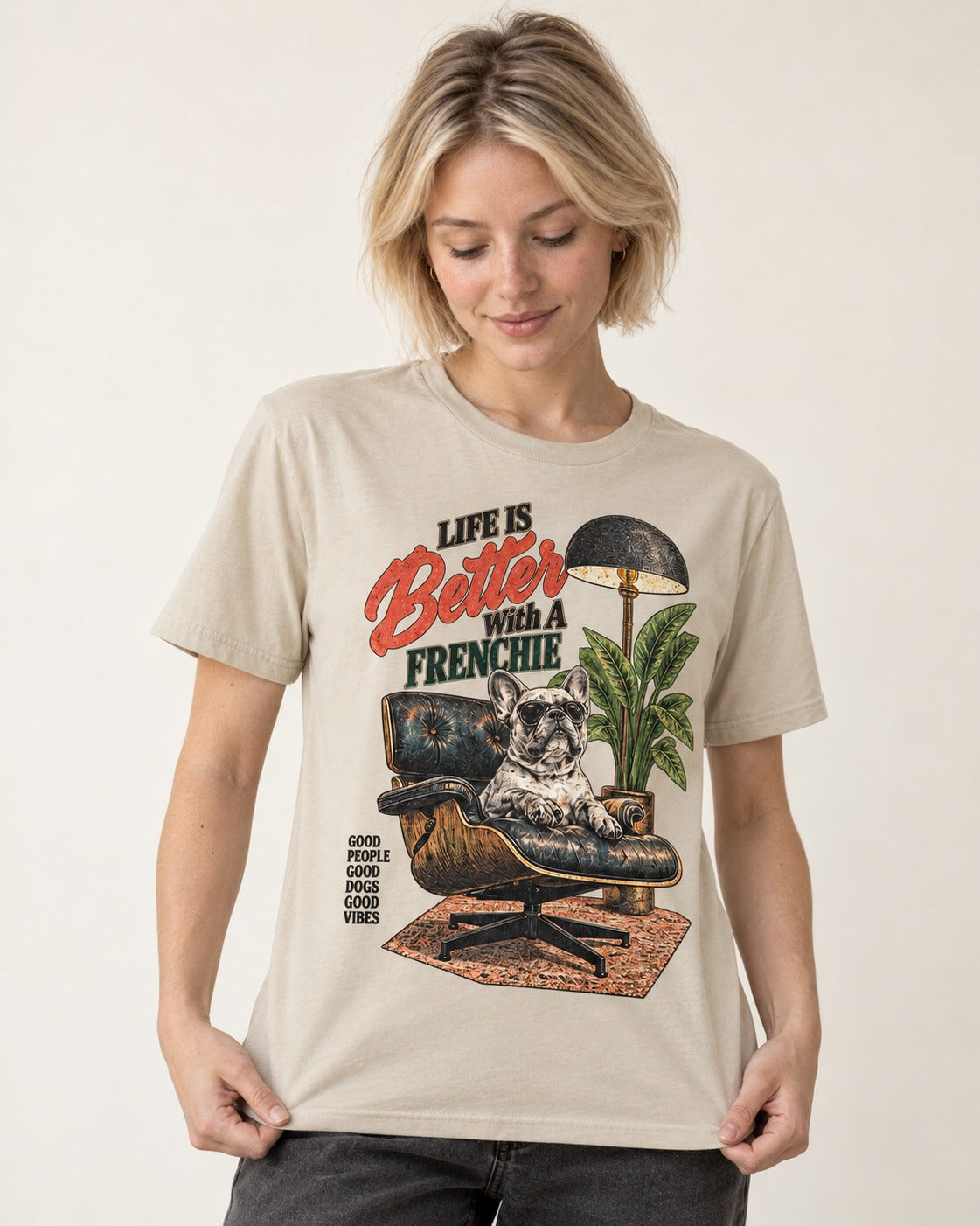 Better with a Frenchie T-Shirt in Sand, worn by a model