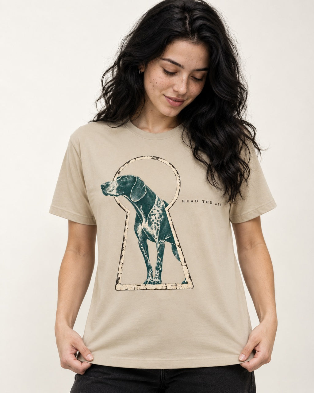 Read the Air German Shorthaired Pointer T-Shirt in Sand, worn by a model