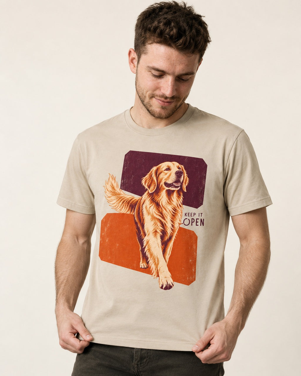 Golden Retriever Keep It Open T-Shirt in Sand, worn by a model