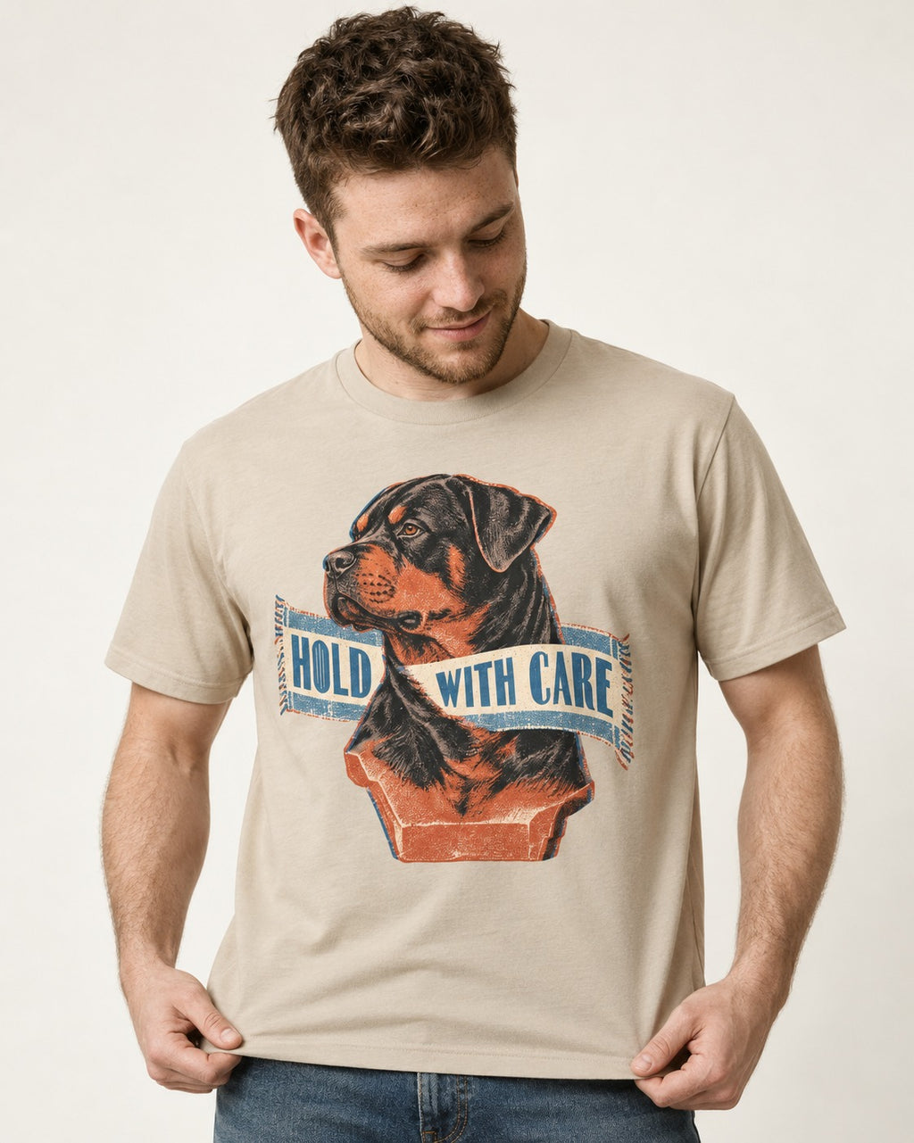 Rottweiler Hold with Care T-Shirt in Sand, worn by a model