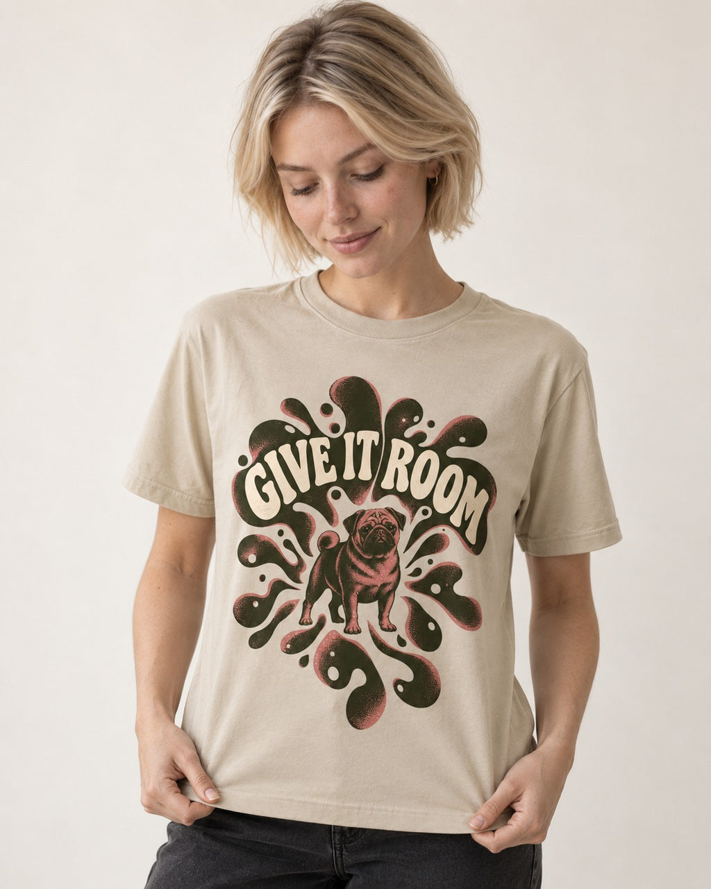 Give Pug Room T-Shirt in Sand, worn by a model