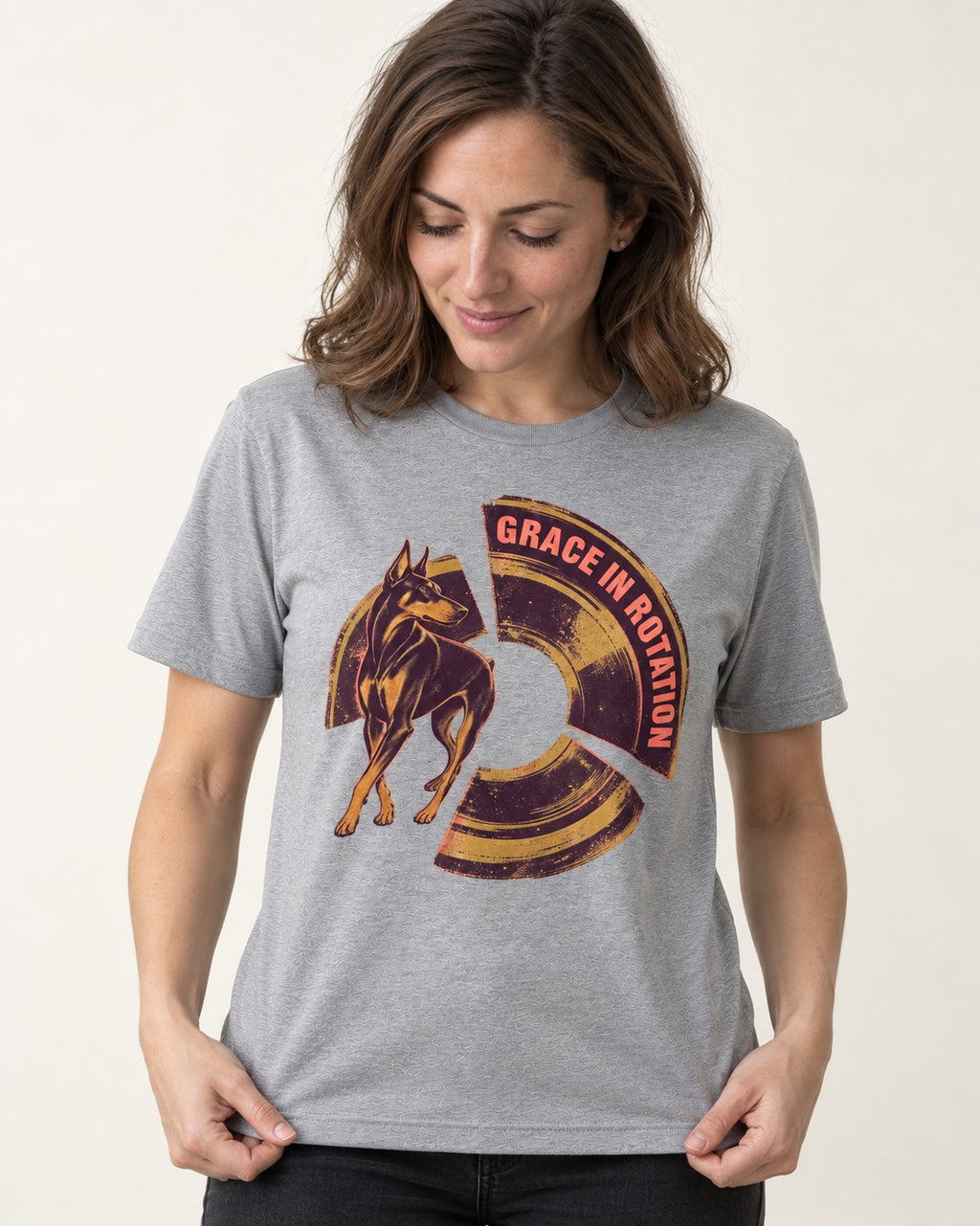 Doberman Grace in Rotation T-Shirt in Sport Grey, worn by a model