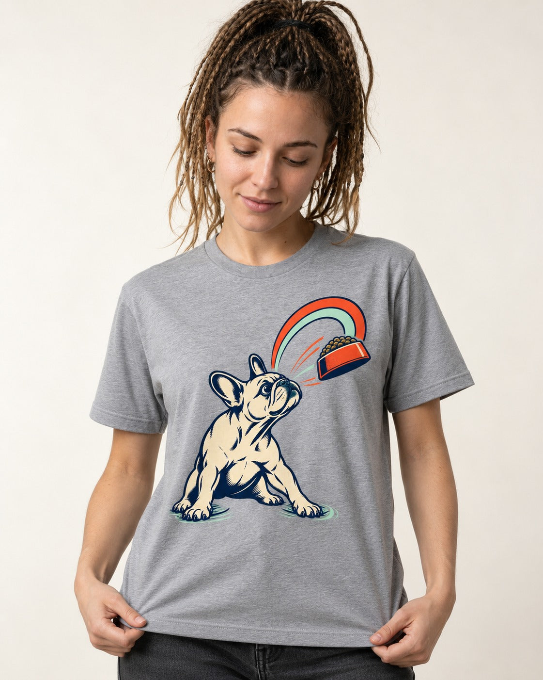Frenchie Dinner Magnet Graphic T-Shirt in Sport Grey, worn by a model