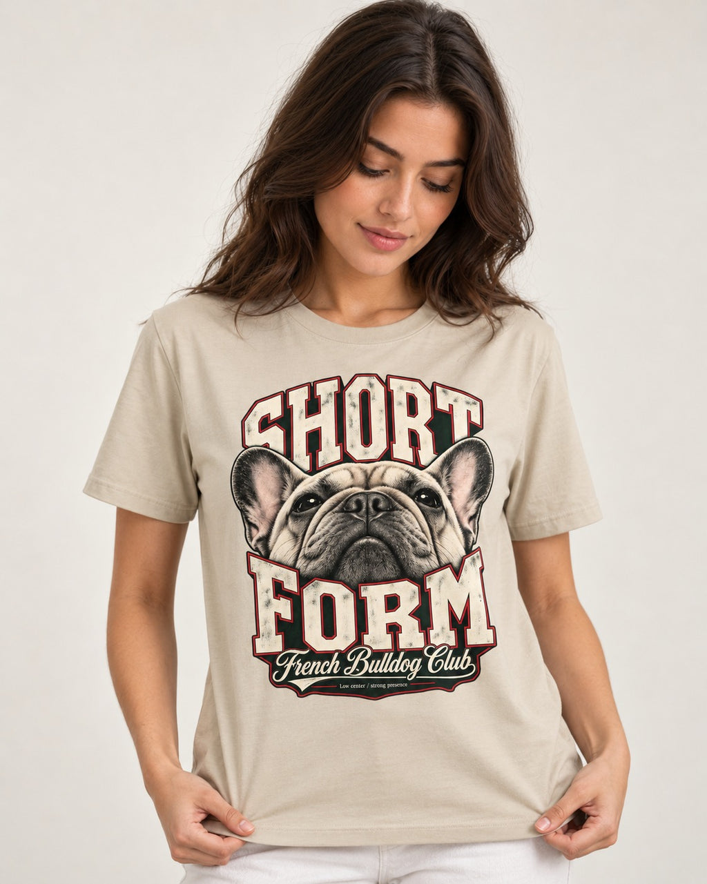 Short Form Frenchie T-Shirt in Sand, worn by a model