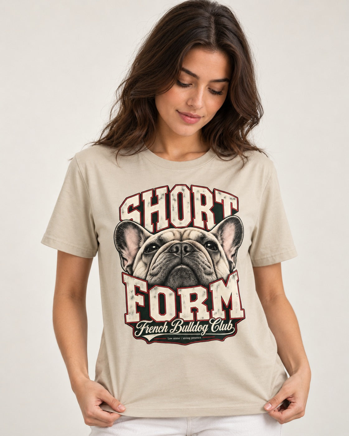 Short Form Frenchie T-Shirt in Sand, worn by a model