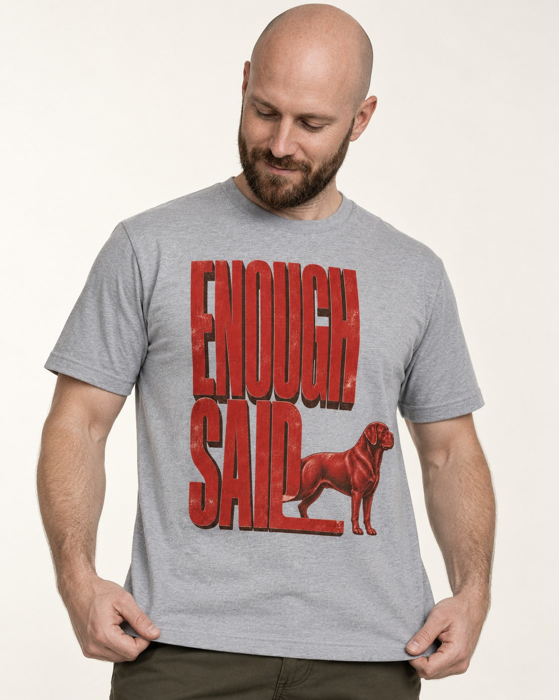 Labrador Retriever Enough Said Standing Typography Graphic T-Shirt in Sport Grey, worn by a model
