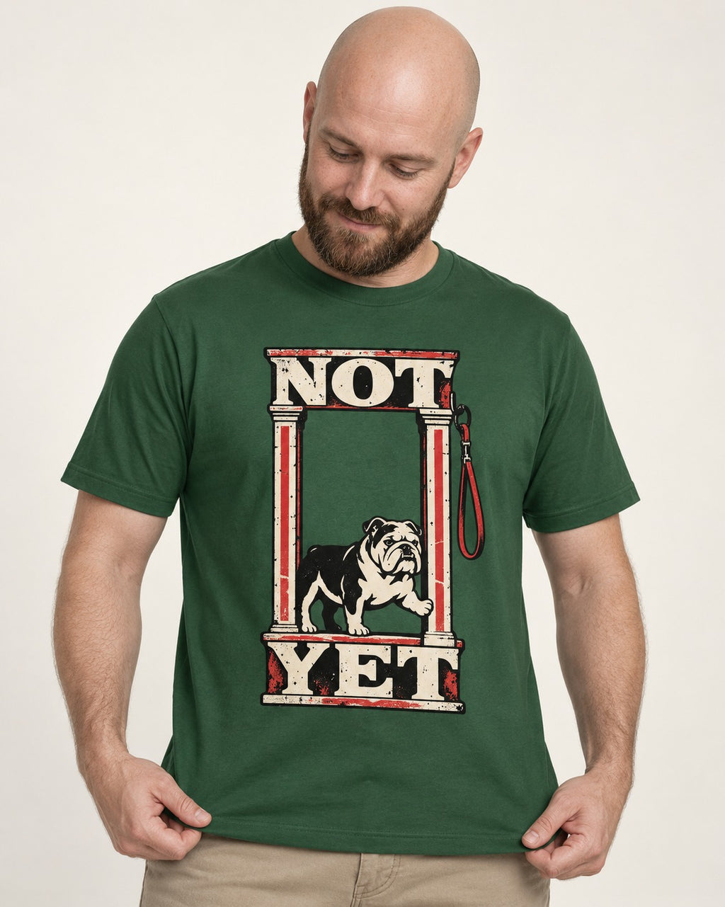 English Bulldog Not Yet Doorway Graphic T-Shirt in Forest Green, worn by a model