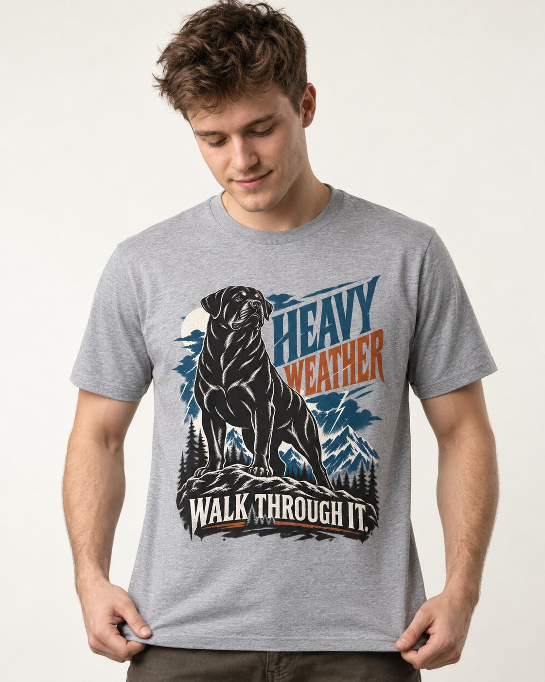 Heavy Weather Rottweiler T-Shirt in Sport Grey, worn by a model