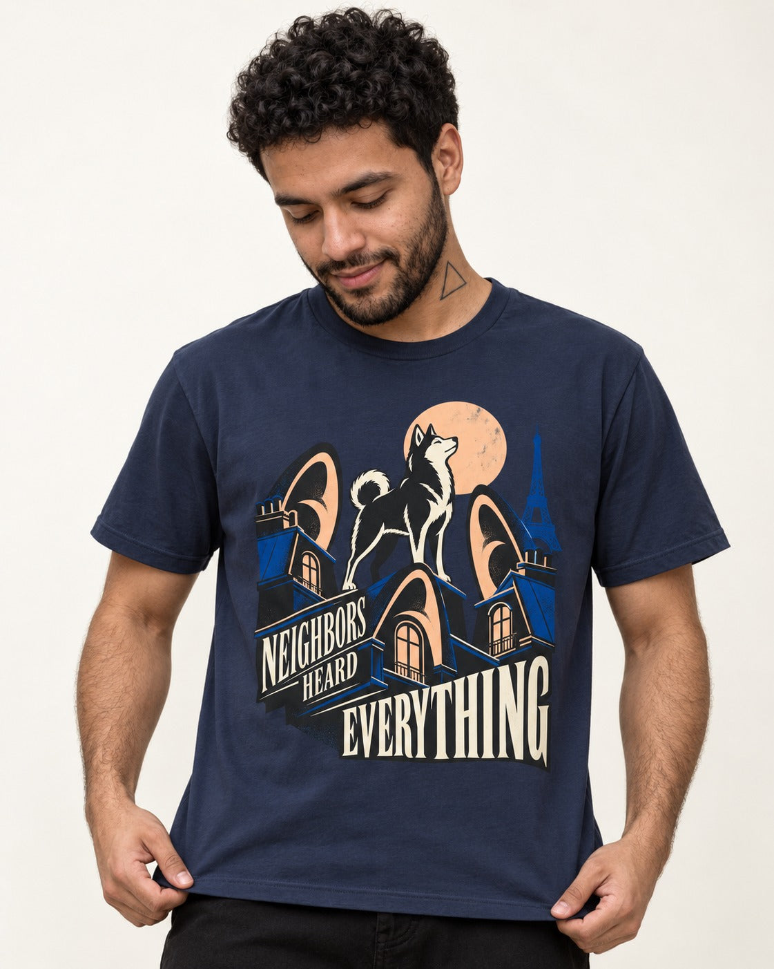 Husky Neighbors Heard Everything Paris Rooftop Graphic T-Shirt in Navy, worn by a model