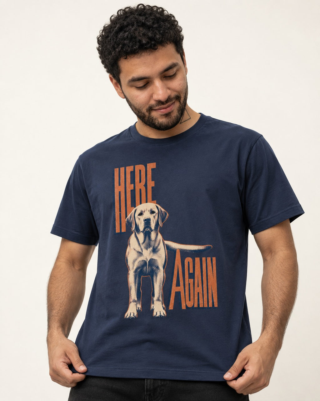 Labrador Retriever Here Again Standing Typography Graphic T-Shirt in Navy, worn by a model