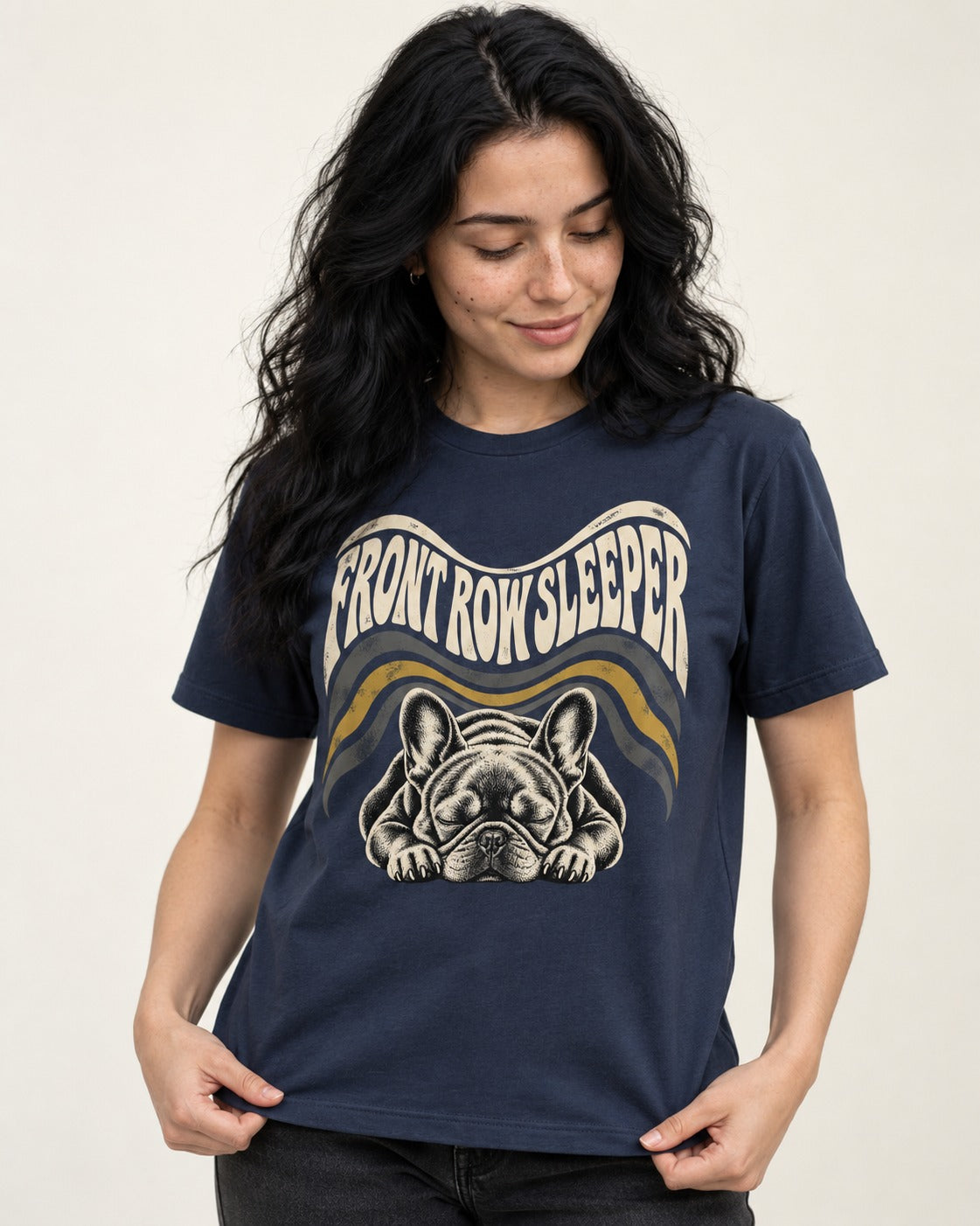 Frenchie Front Row Sleeper Retro Graphic T-Shirt in Navy, worn by a model