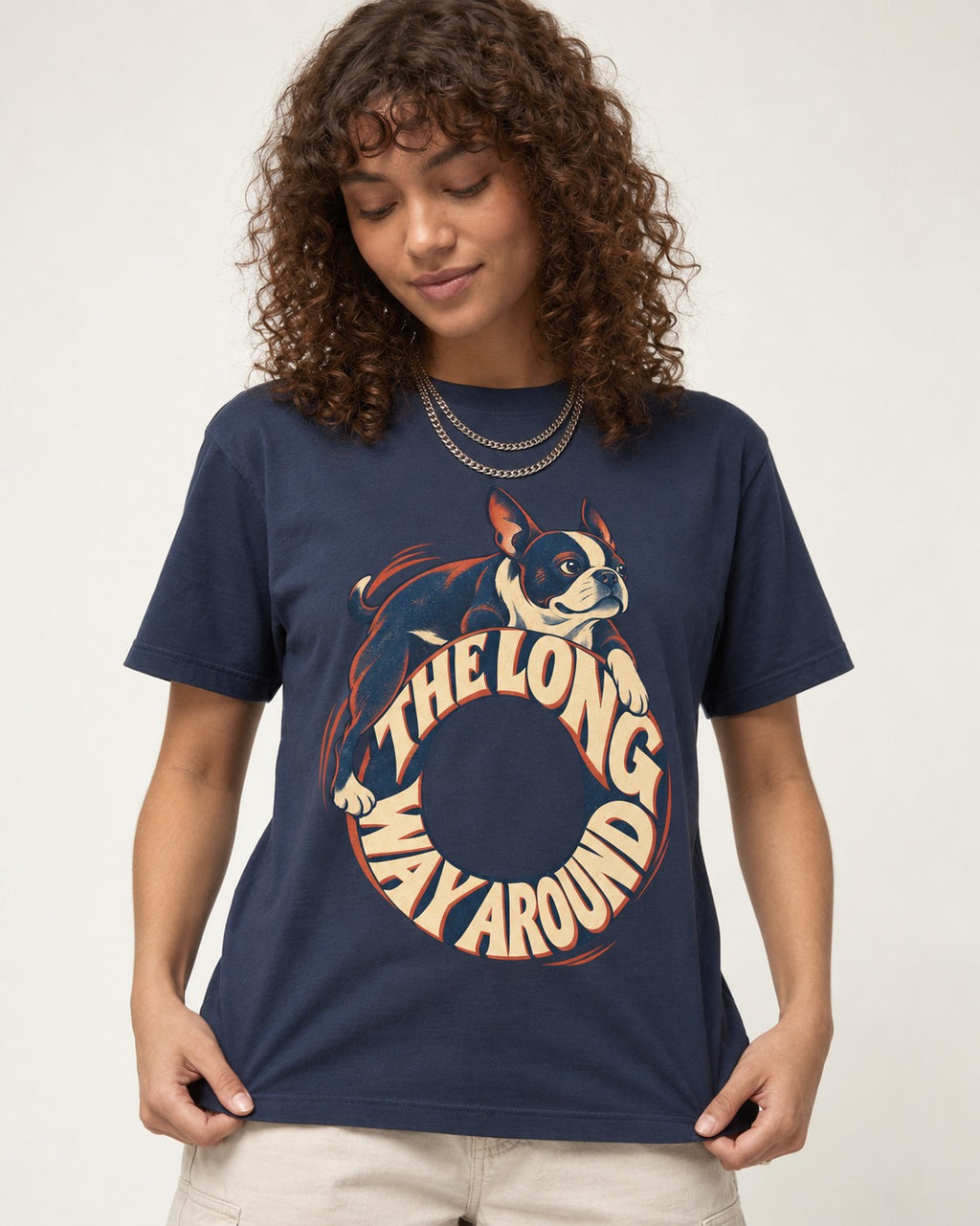 Boston Terrier the Long Way Around T-Shirt in Navy, worn by a model