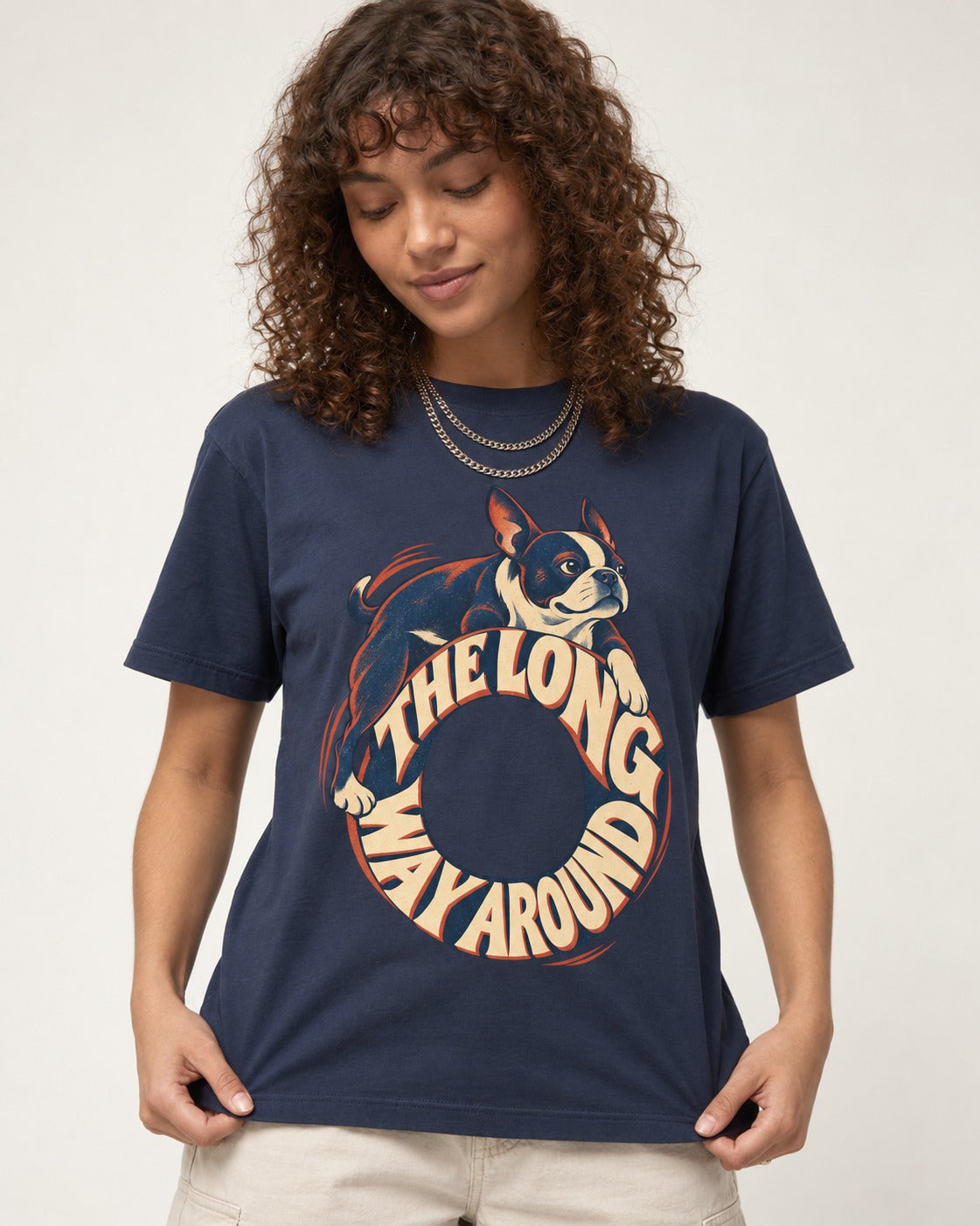Boston Terrier the Long Way Around T-Shirt in Navy, worn by a model