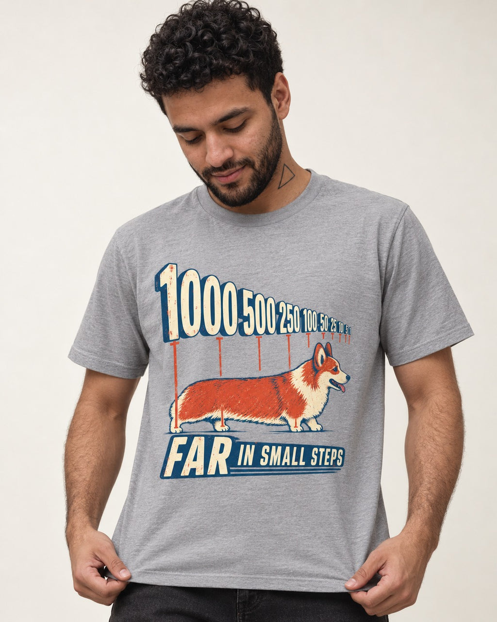 Corgi Far in Small Steps T-Shirt in Sport Grey, worn by a model