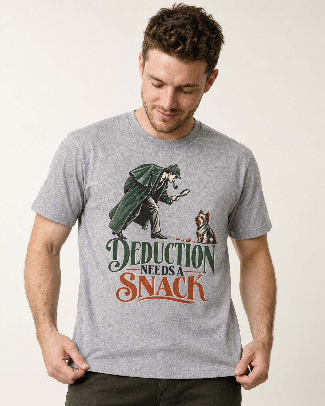 Yorkshire Terrier Needs a Snack T-Shirt in Sport Grey, worn by a model