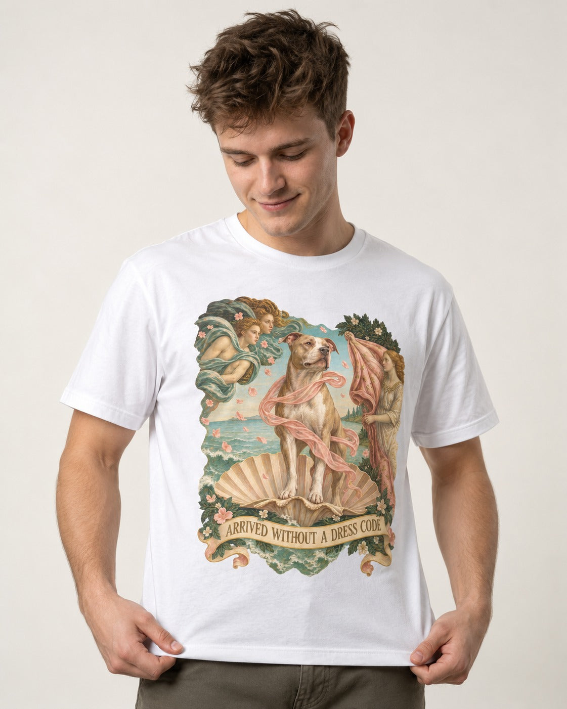 Pitbull Arrived Without a Dress Code Venus Parody Graphic T-Shirt in White, worn by a model