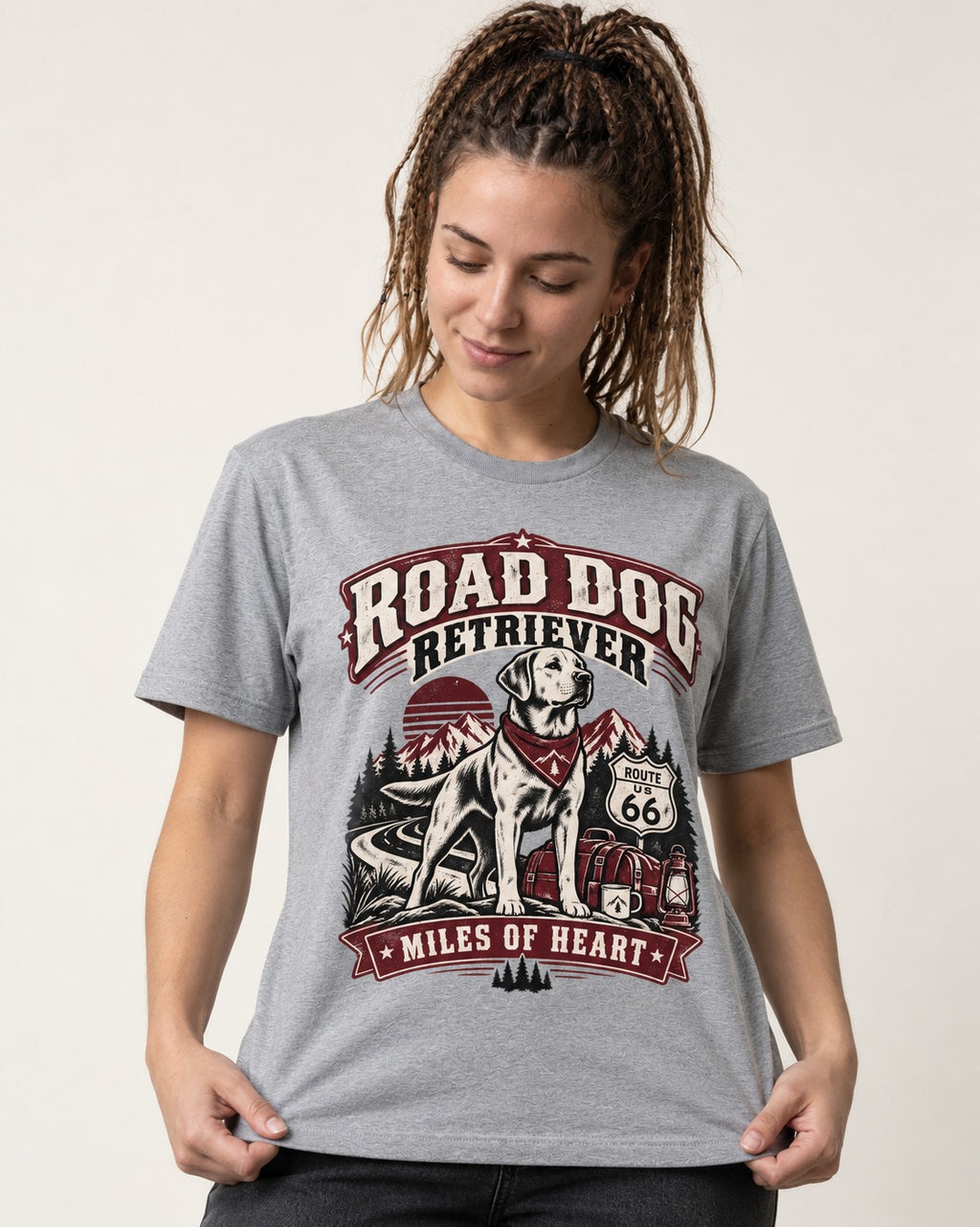 Labrador Retriever Road Dog Miles of Heart Route 66 Graphic T-Shirt in Sport Grey, worn by a model