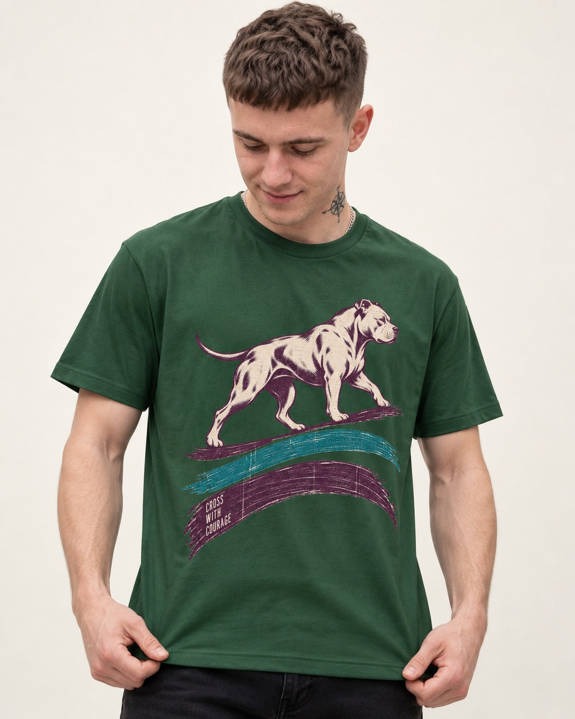 Pitbull Cross with Courage Brushstroke Graphic T-Shirt in Forest Green, worn by a model